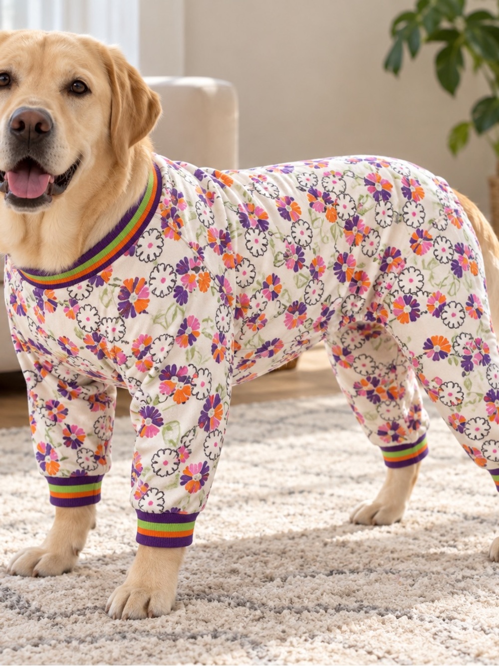 Floral Print Dog Pajamas in Cream with Purple & Orange Accents - size XL